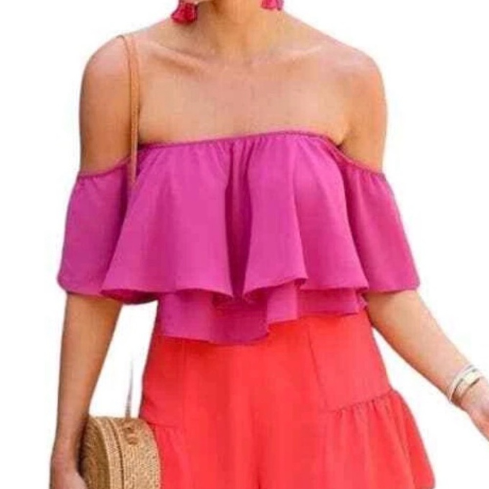 Show Me Your Mumu Large Pink Fuschia Top Off Shoulder Cropped Sheer Flowy Tiered